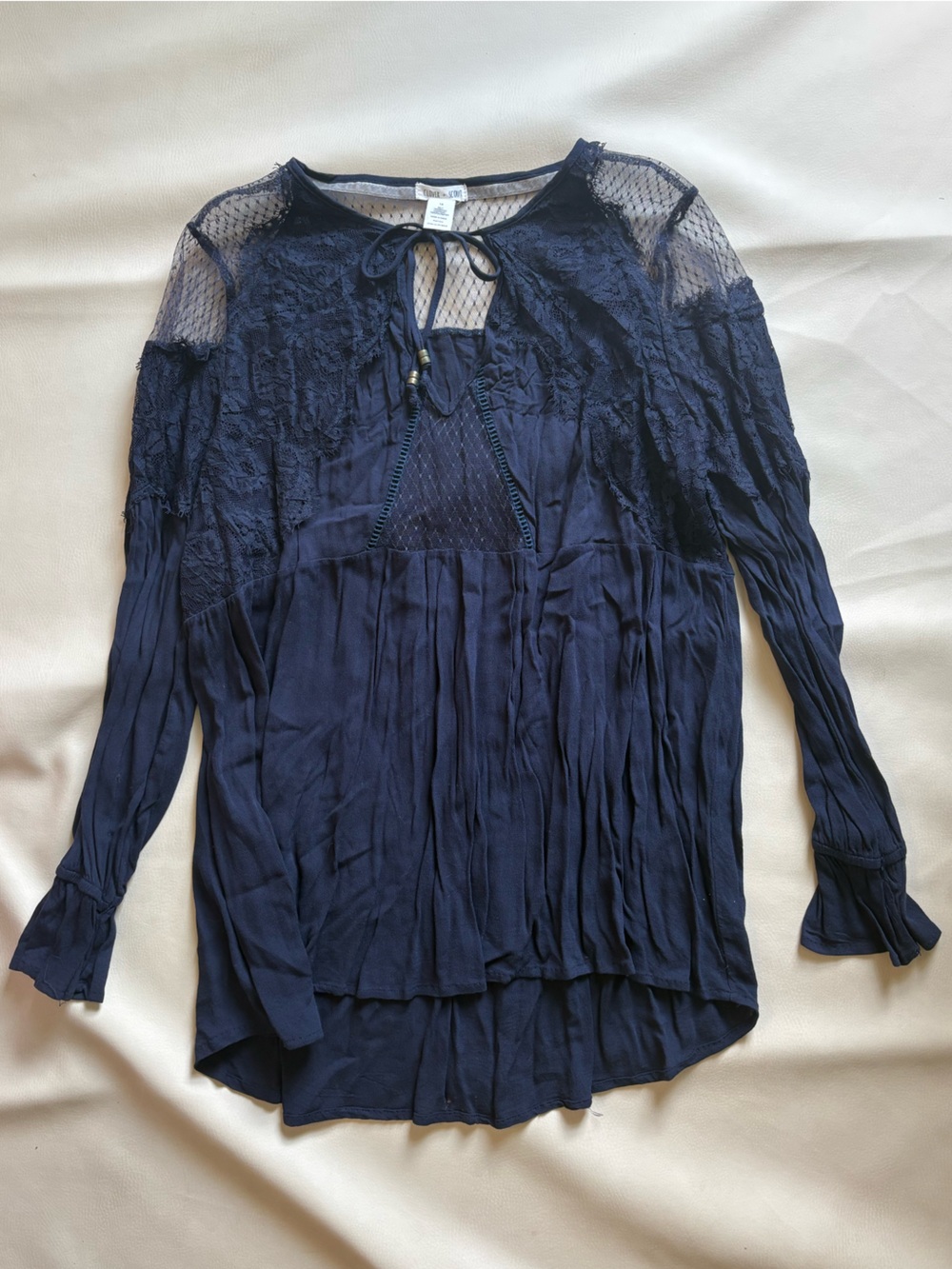 Lace-Trim Navy Tie-Front Dress with bell sleeves